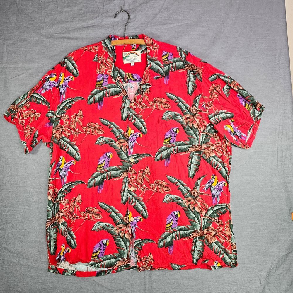 Paradise Found Shirt Mens XL Red Parrot Magnum PI Hawaiian Button Up Cotton